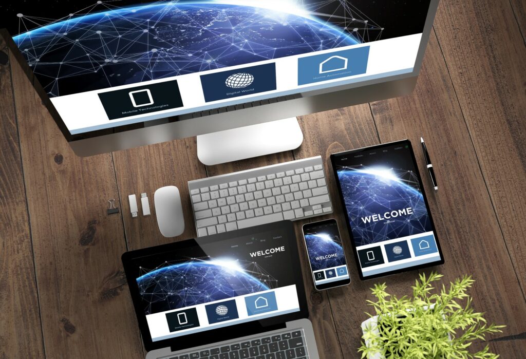 Wooden desktop devices online landing page responsive design