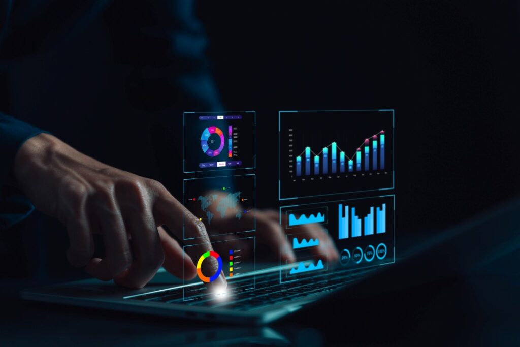 Research on platform digital technology, analyst manage the system database, analysis data plans, and reports. shows a dashboard chart on the computer. concept of analytics business