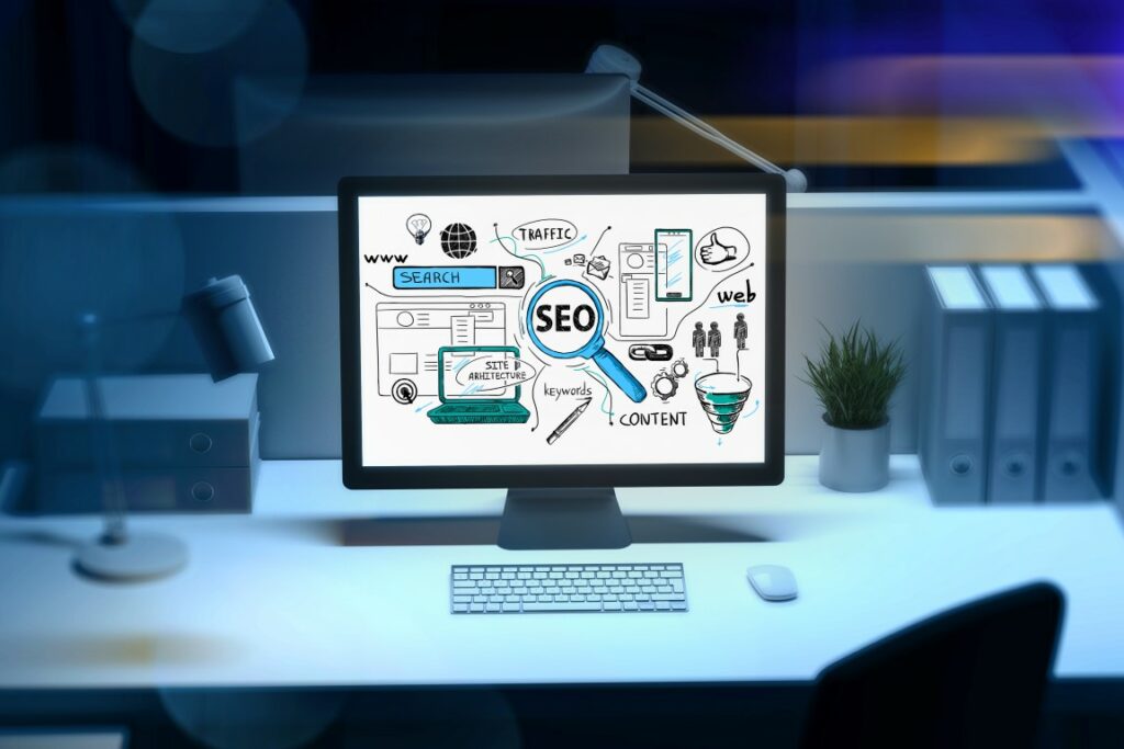 Seo flowchart on desktop screen on workplace. business optimization concept to boost sales. graphic data charts and project performance on pc monitor in office