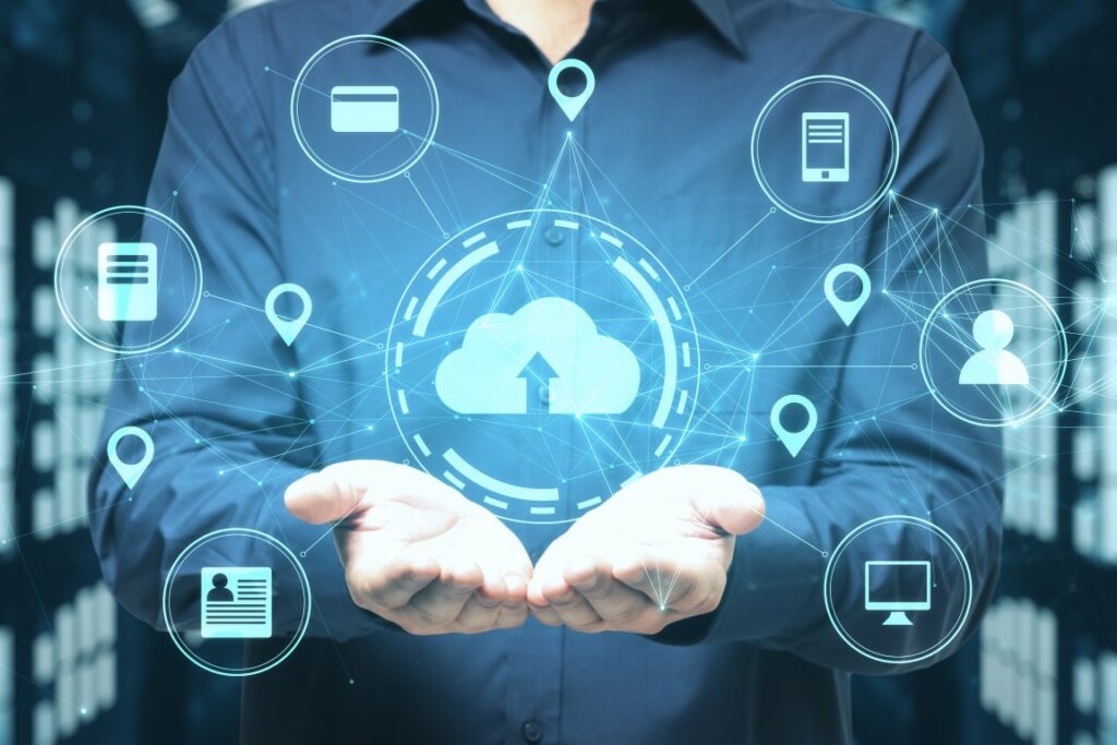 Businessman holding online shopping diagram.
