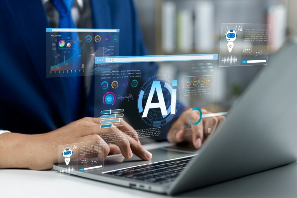 Businessman use artificial intelligence ai technology for enhanced work efficiency data analysis and efficient tools, unlocking work potential with ai solutions chatbot help solve work problems.