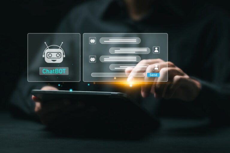 Ai chat technology, businessman use tablet with virtual screen of ai chatbot communicate and answer questions. artificial intelligence solves problems and assists human decision making for users.