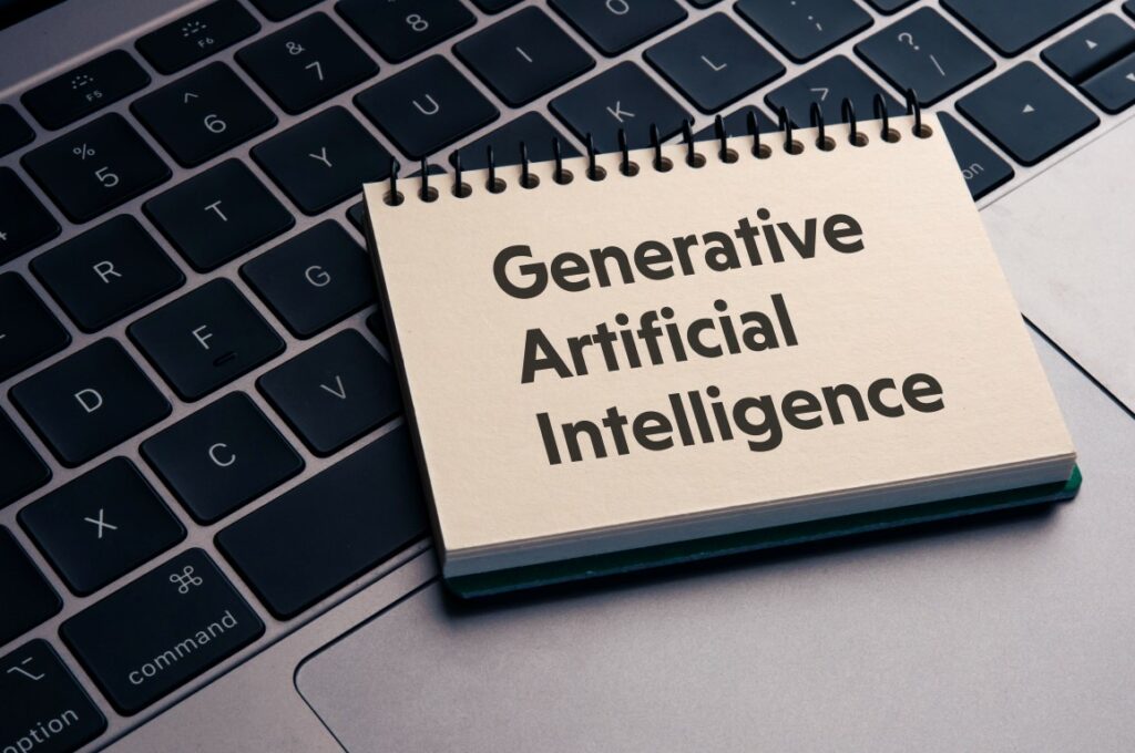 There is notebook with the word generative artificial intelligence. it is as an eye catching image.