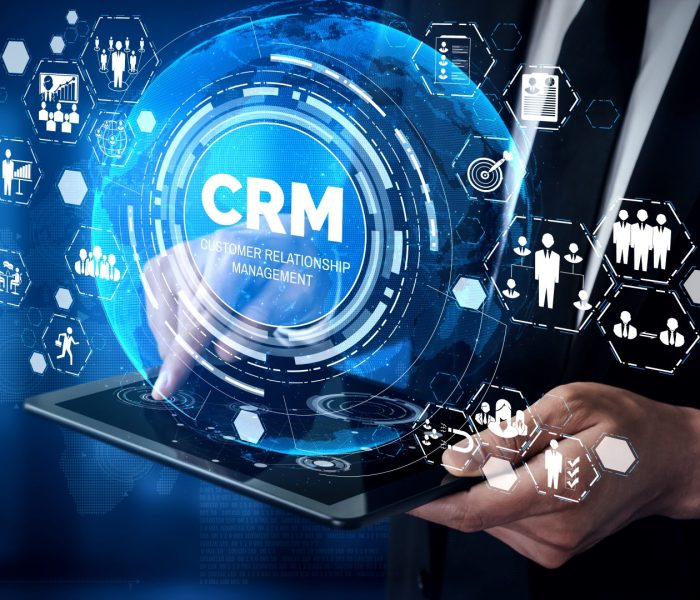 Crm customer relationship management for business sales marketing system concept presented in futuristic graphic interface of service application to support crm database analysis.