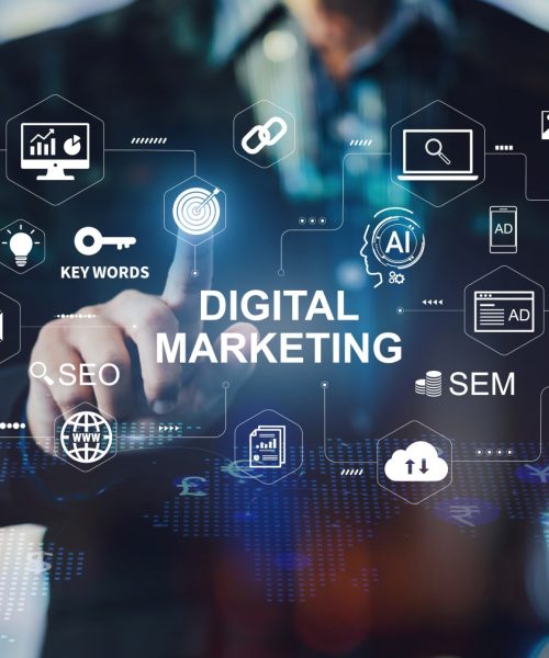 Digital marketing business technology concept. website adertisement email social media network, seo, sem video and mobile application icons and ai tech for marketing strategy.