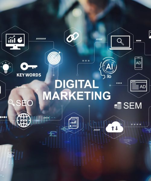 Digital marketing business technology concept. website adertisement email social media network, seo, sem video and mobile application icons and ai tech for marketing strategy.