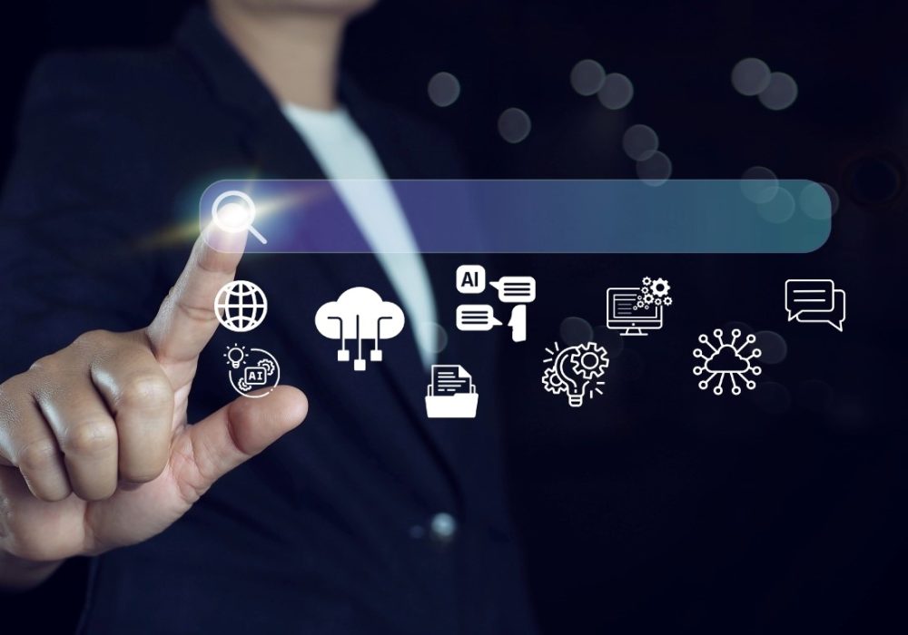 Concept of artificial intelligence (ai) and futuristic digital technology. ai search engine bar for data search optimization by artificial intelligence technology.