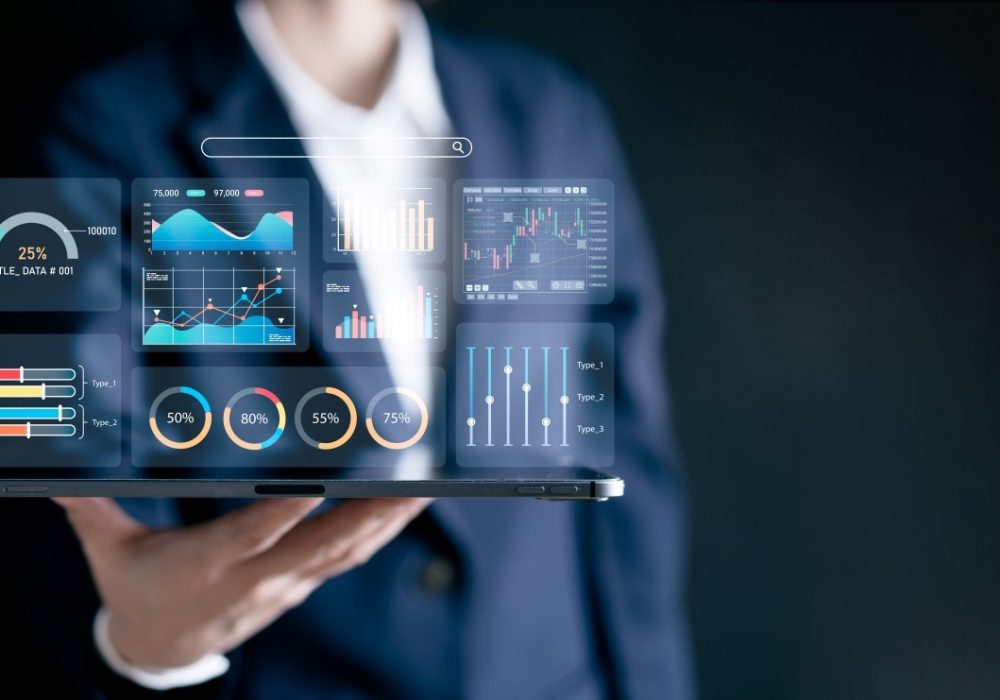 Businesswomen showing analyze data business automated chart graph dashboard.management system marketing and financial connected to the database for virtual screen for futuristic.