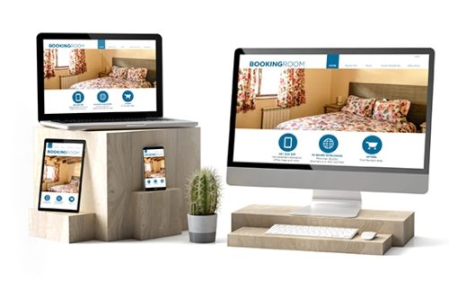 Wooden cubes devices isolated online booking responsive website
