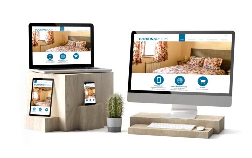 Wooden cubes devices isolated online booking responsive website